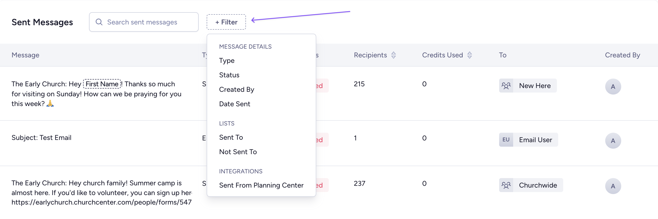 Filter sent messages