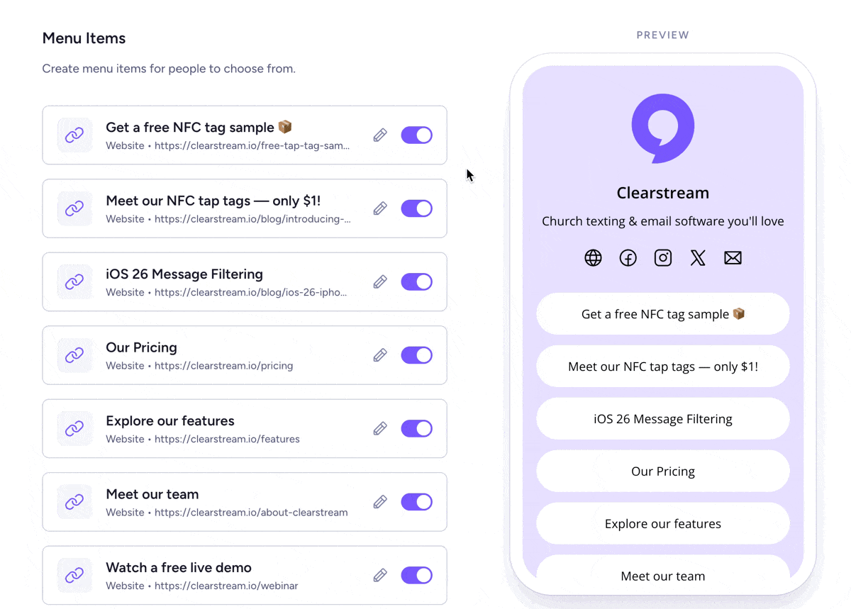 Hide and unhide microsite menu items