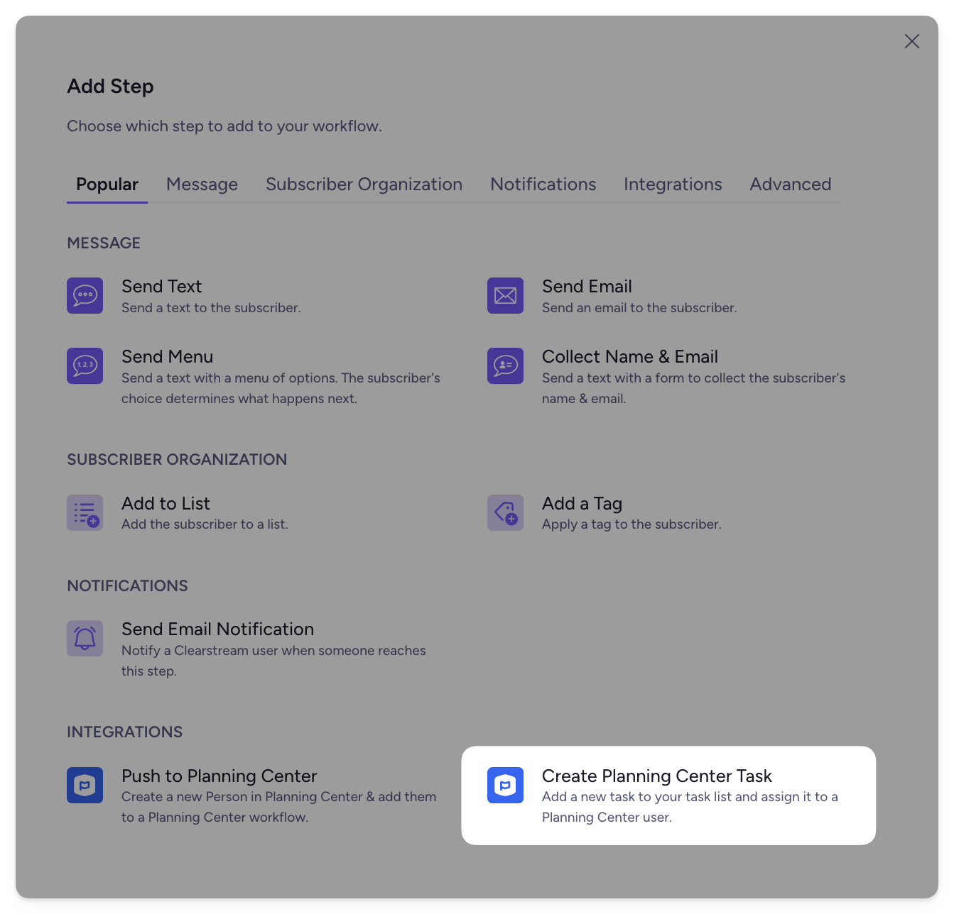 Create Planning Center Tasks in a workflow