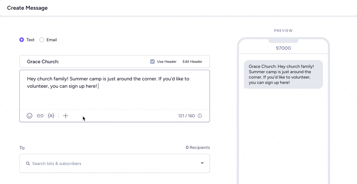 Easily add Planning Center forms to a message