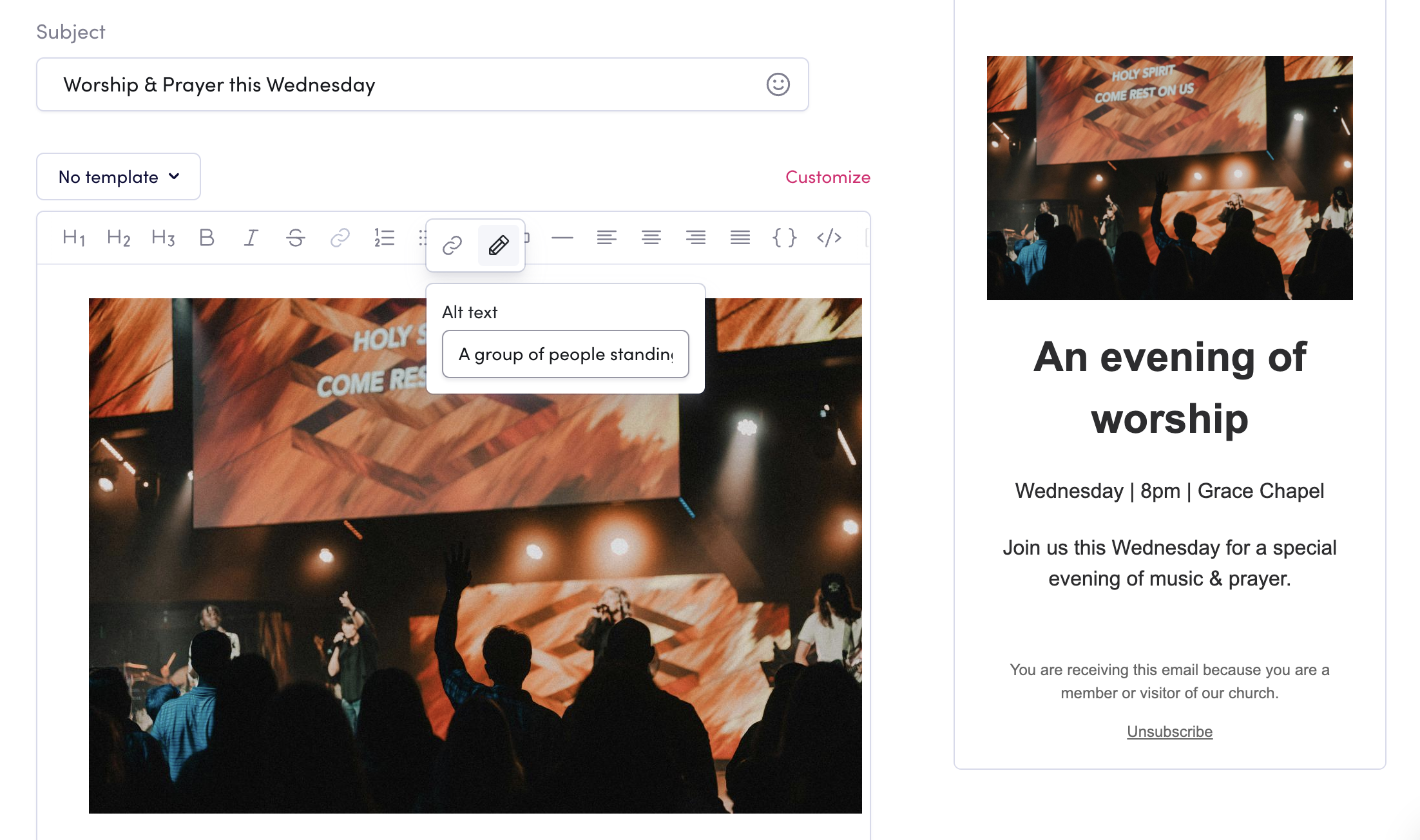 A screenshot of the email composition page, with alt text being edited for a photo of a worship service