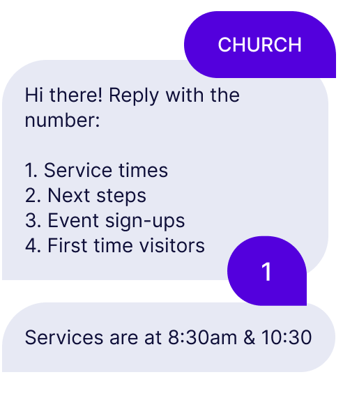 A text menu is triggered when the keyword "church" is used. The menu contains different options like service times, next steps, etc.