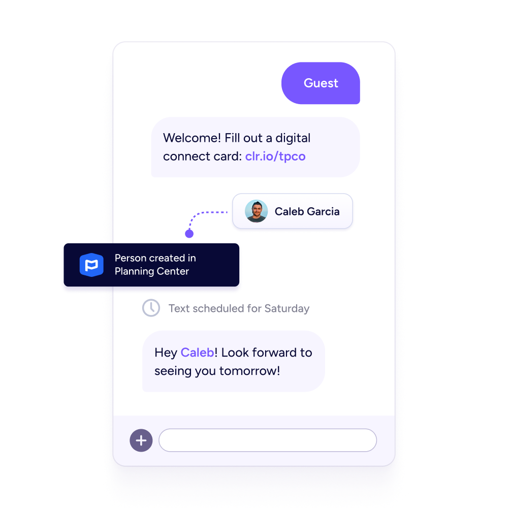 Guests can text a word to fill out a digital connect card using automated workflows