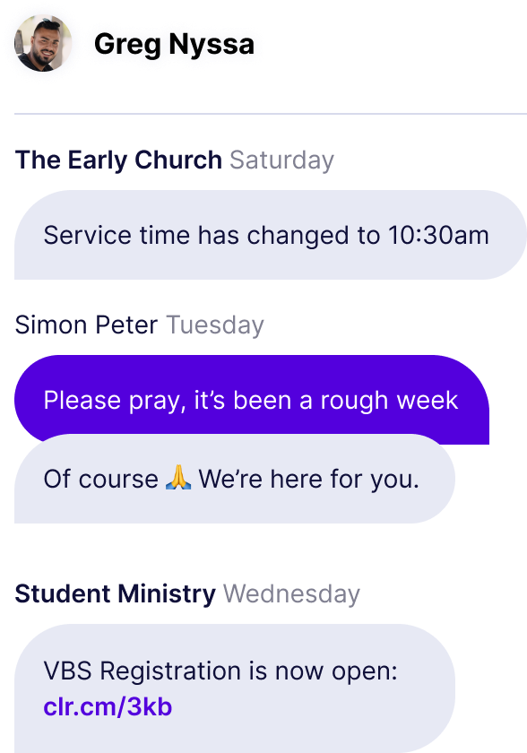 Clearstream responding to text thread conversation with Peter about service times, prayer, and VBS registration