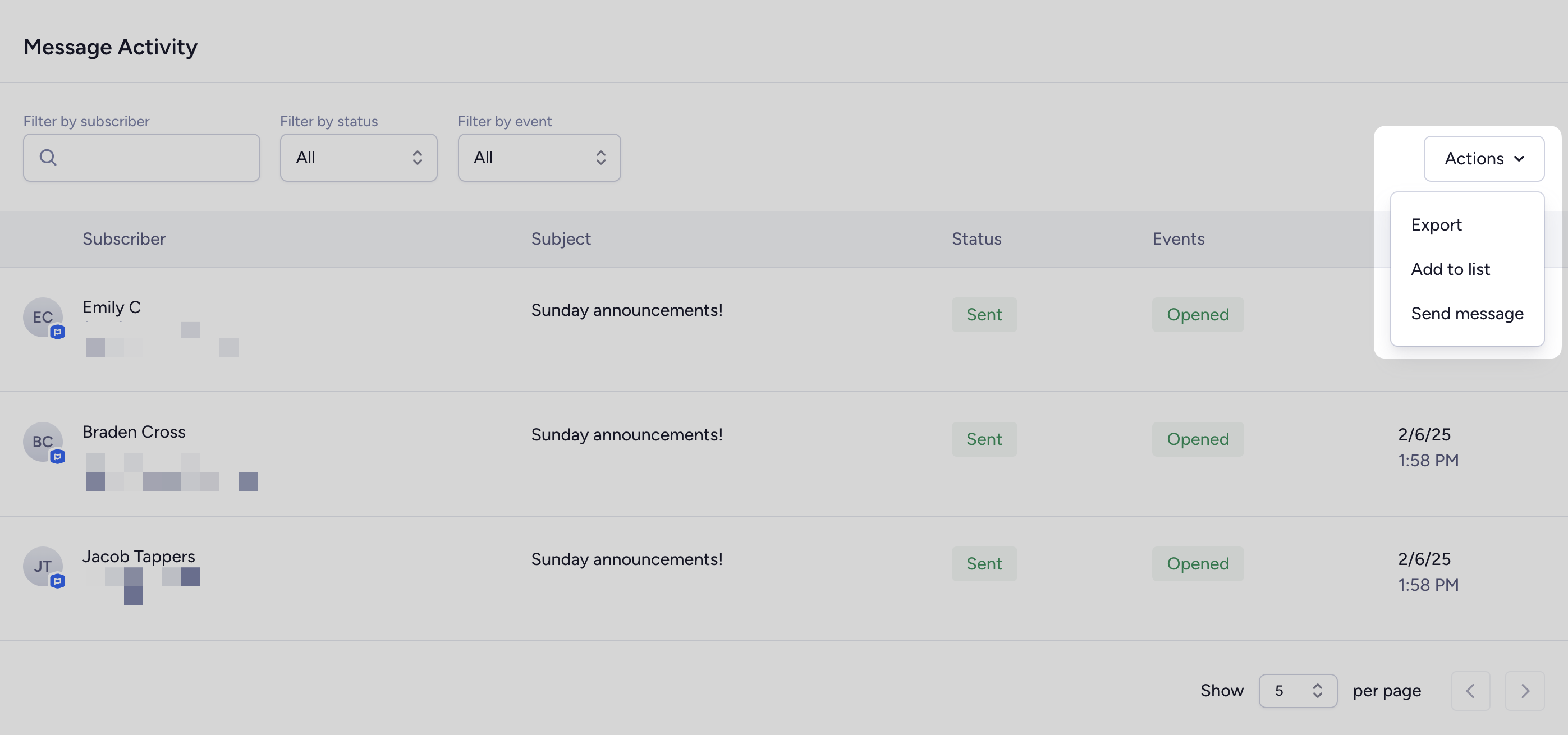 Email activity table actions