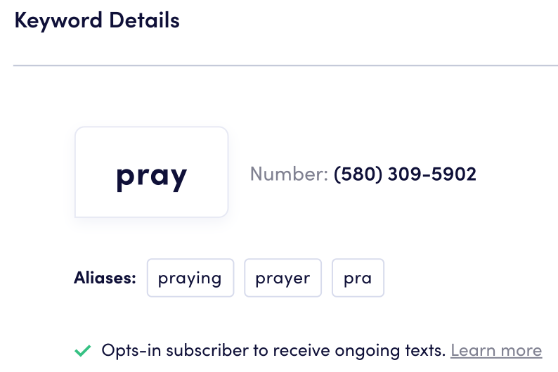 Platform view of keyword aliases for the keyword "pray"