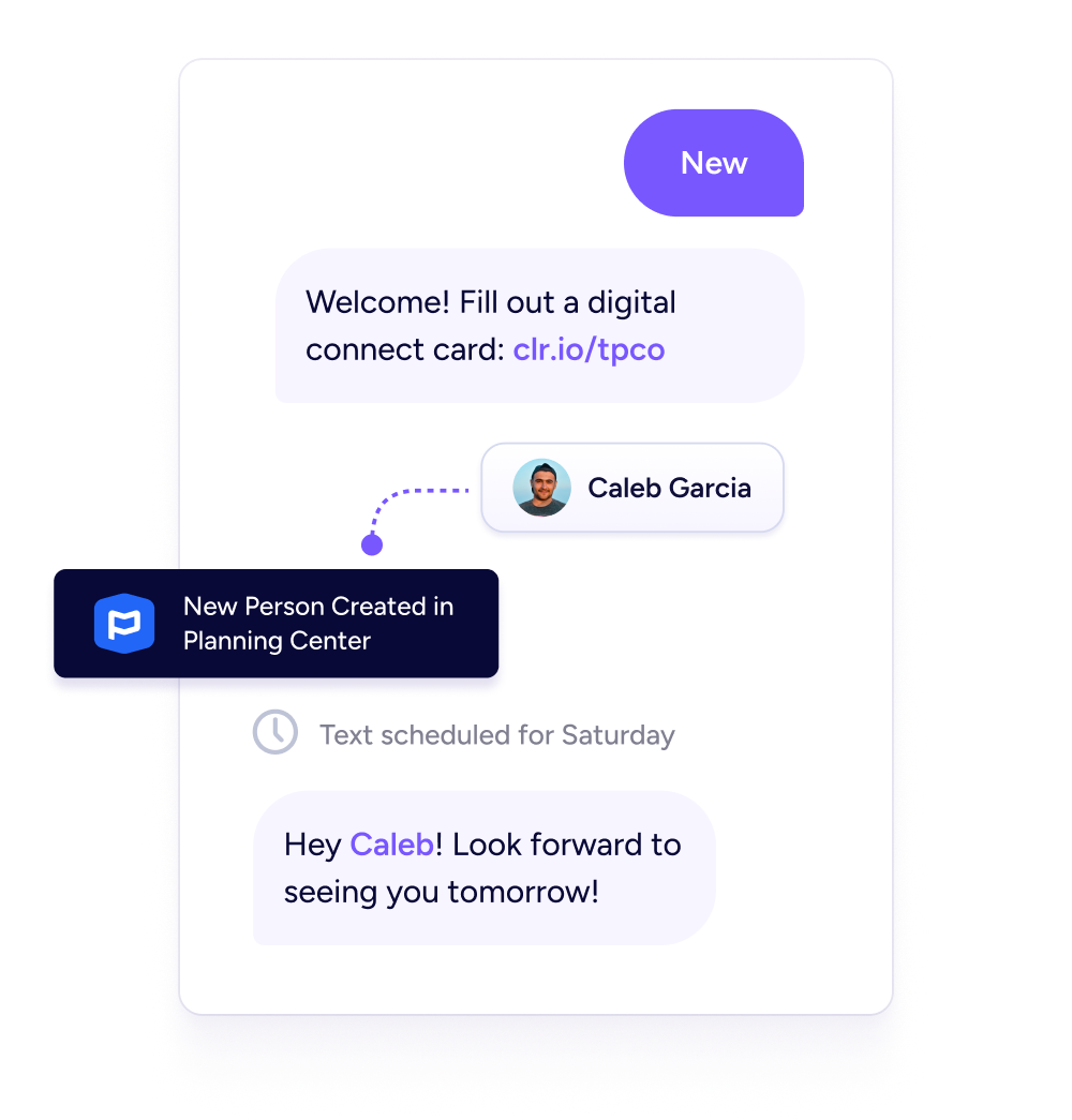 A sample keyword workflow, starting with 'new' and sending a visitor a connect card