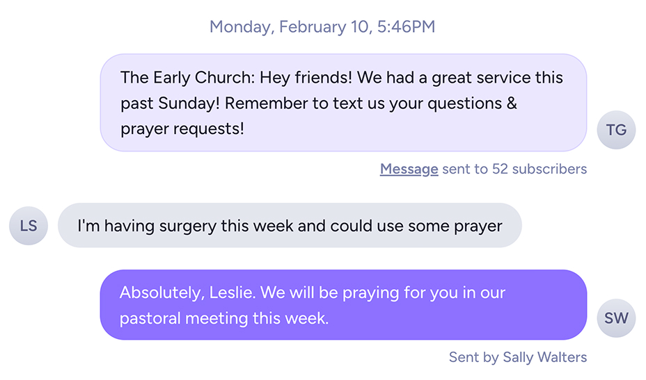 Text message conversation between church member and staff