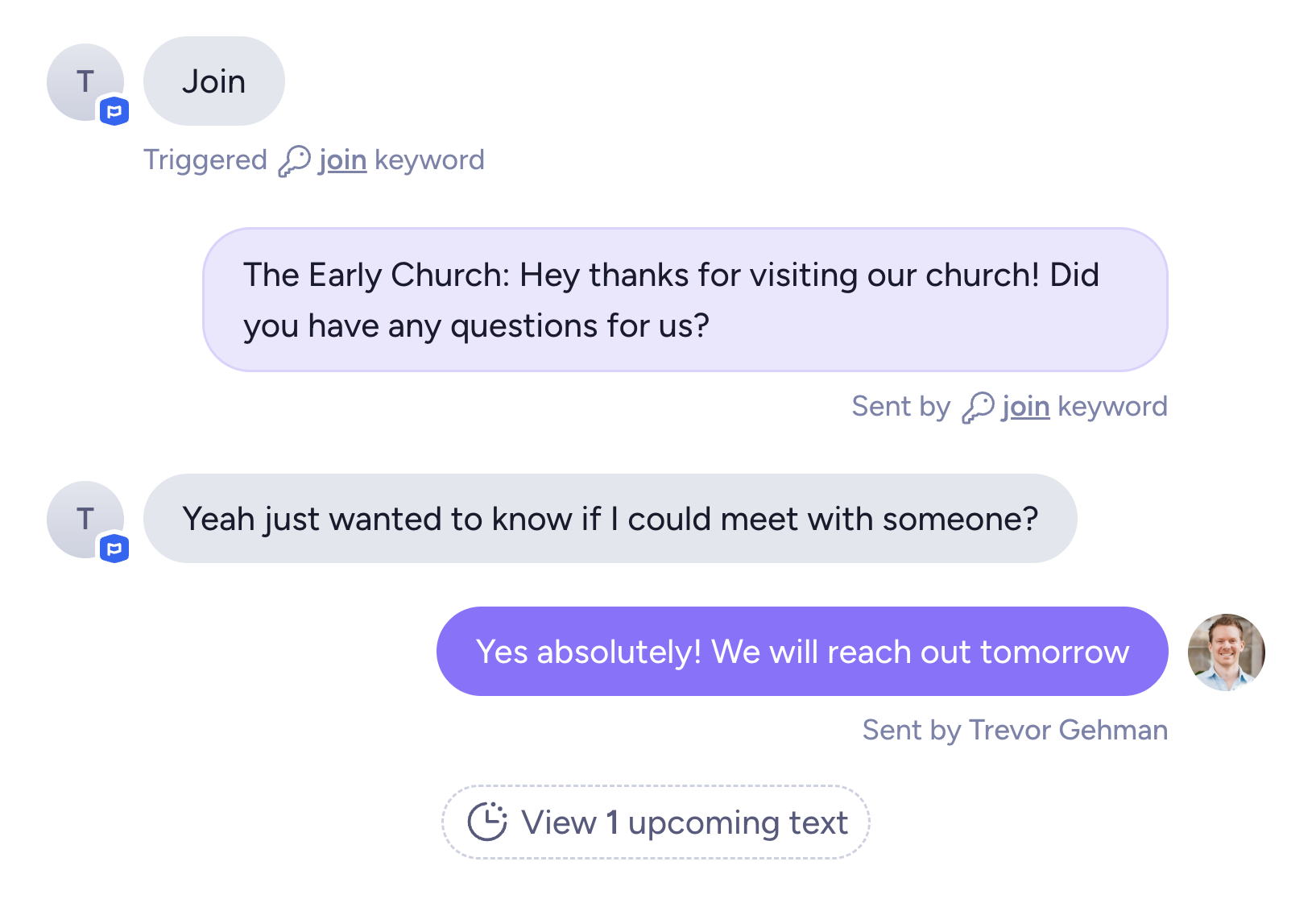 Clearstream inbox showing text-to-join keyword opt-in with autoresponse and conversation