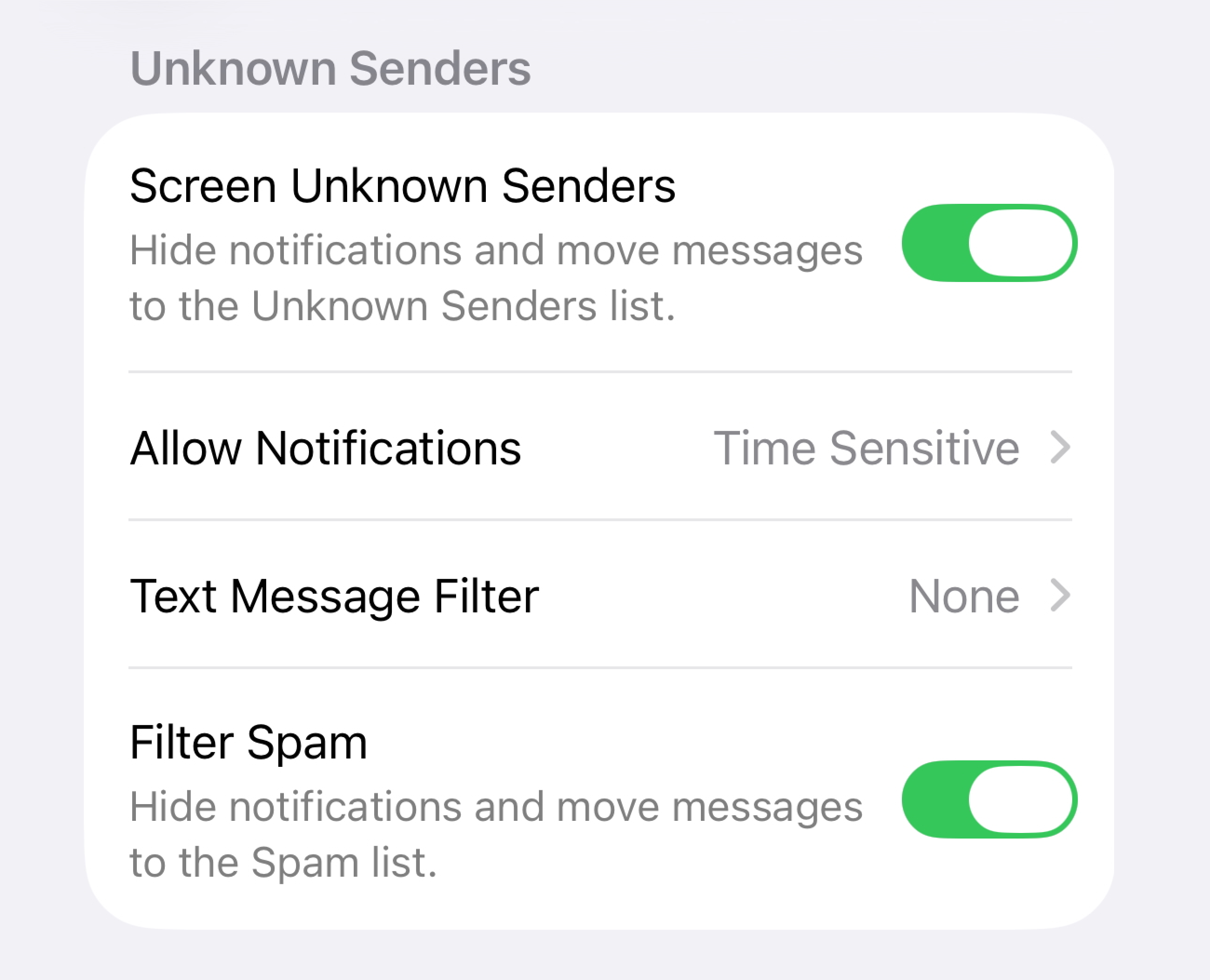 iOS 26 spam and unknown senders filters settings screen