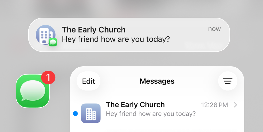 iOS 26 push notification from a known sender, Message app badge count of "1", and Message app default view