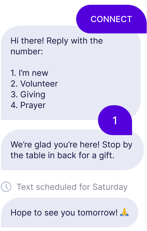 A text menu when someone texts the keyword "connect" Options are I'm new, Volunteer, Giving, and Prayer