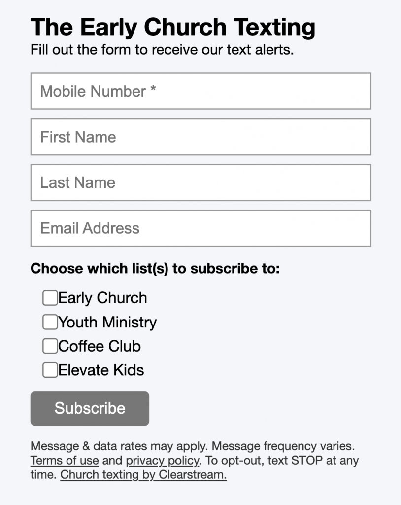 Screenshot of a signup form with 4 different lists: Early Church, Youth Ministry, Coffee Club, and Elevate Kids