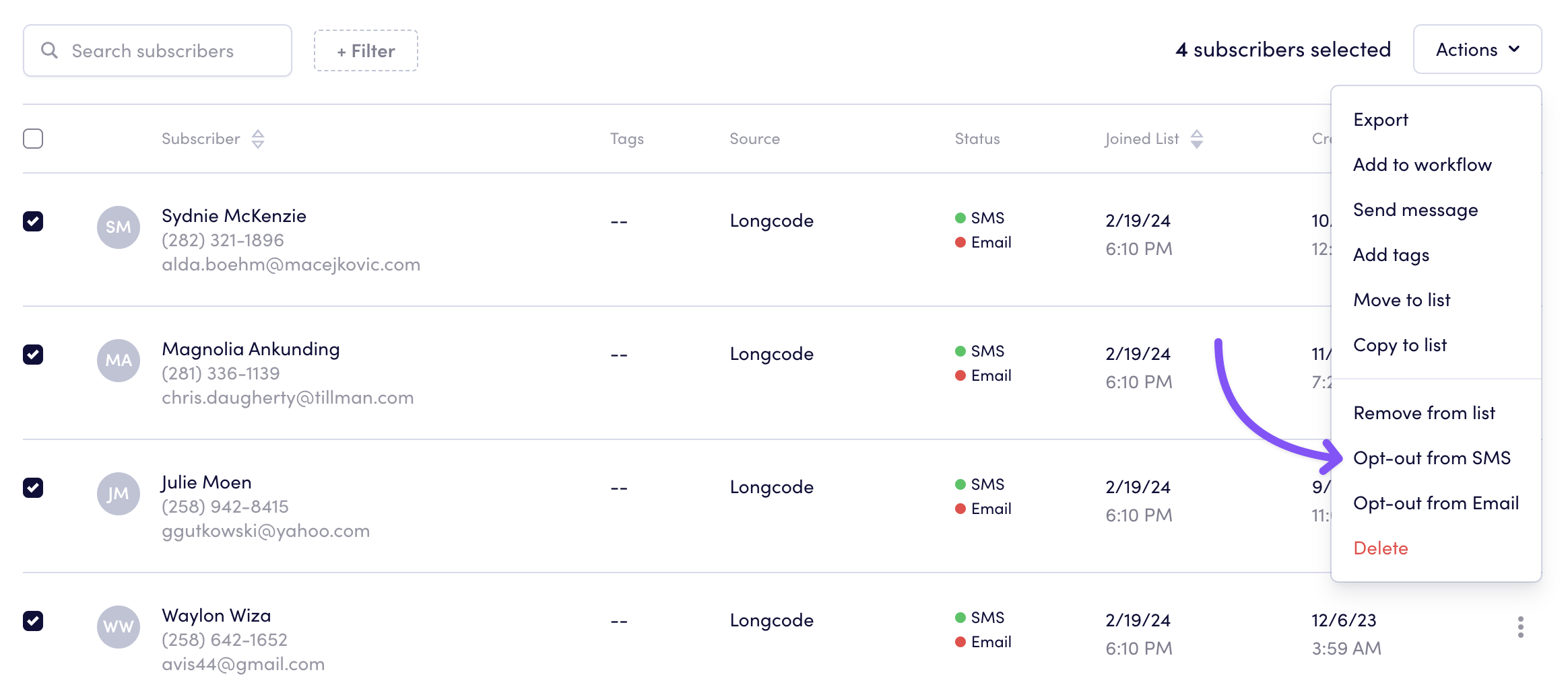 Four subscribers selected, with the Action dropdown open, and 'Opt-out from SMS' highlighted