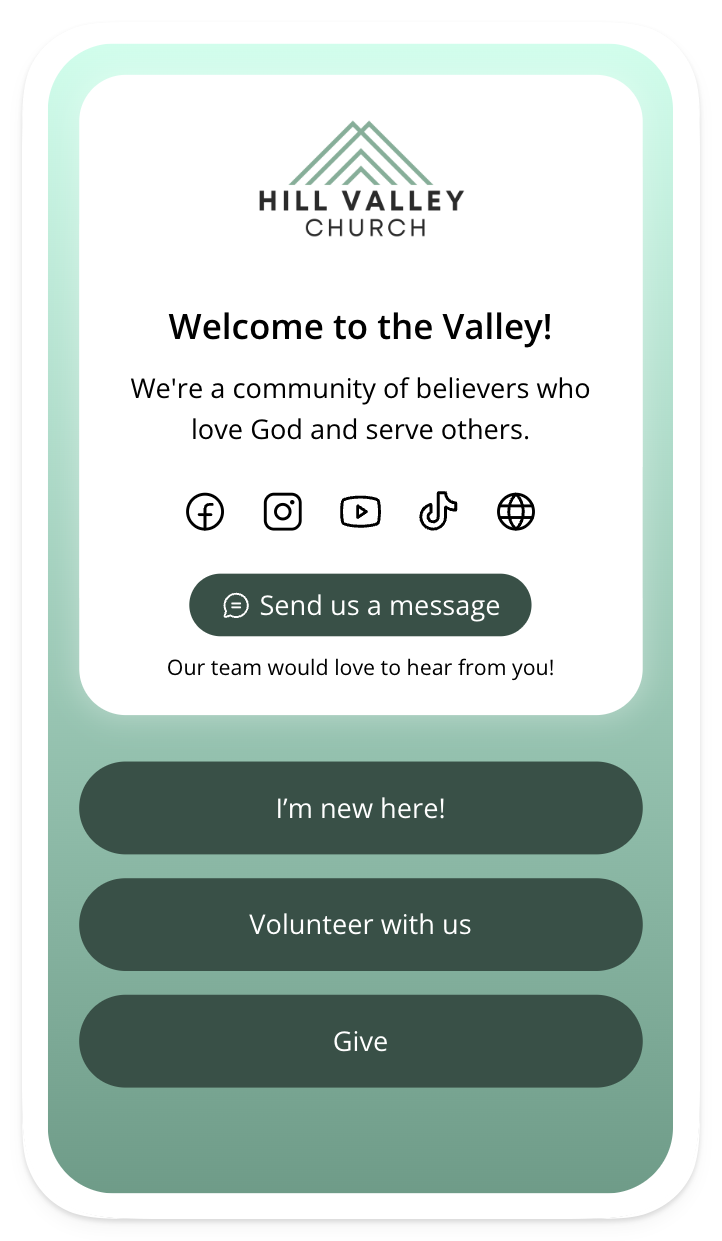 A custom landing page for a church with options for visitors, volunteering, and giving