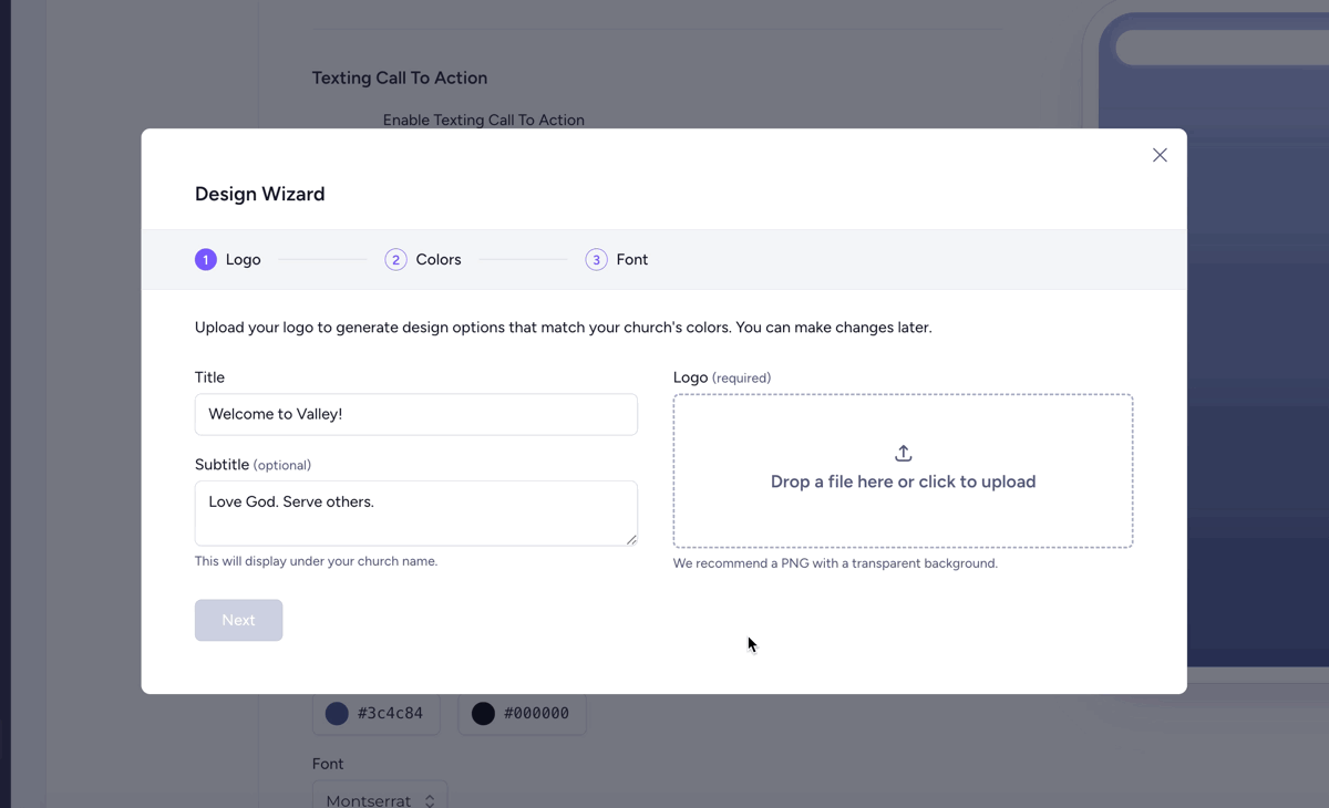 Upload your logo to instantly generate designs for your church's custom landing page.