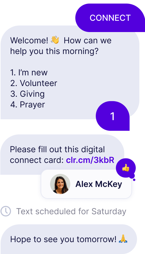 Text menu is sent when someone texts the keyword "connect." Number 1 is chosen, and digital connect card is sent with auto-reply