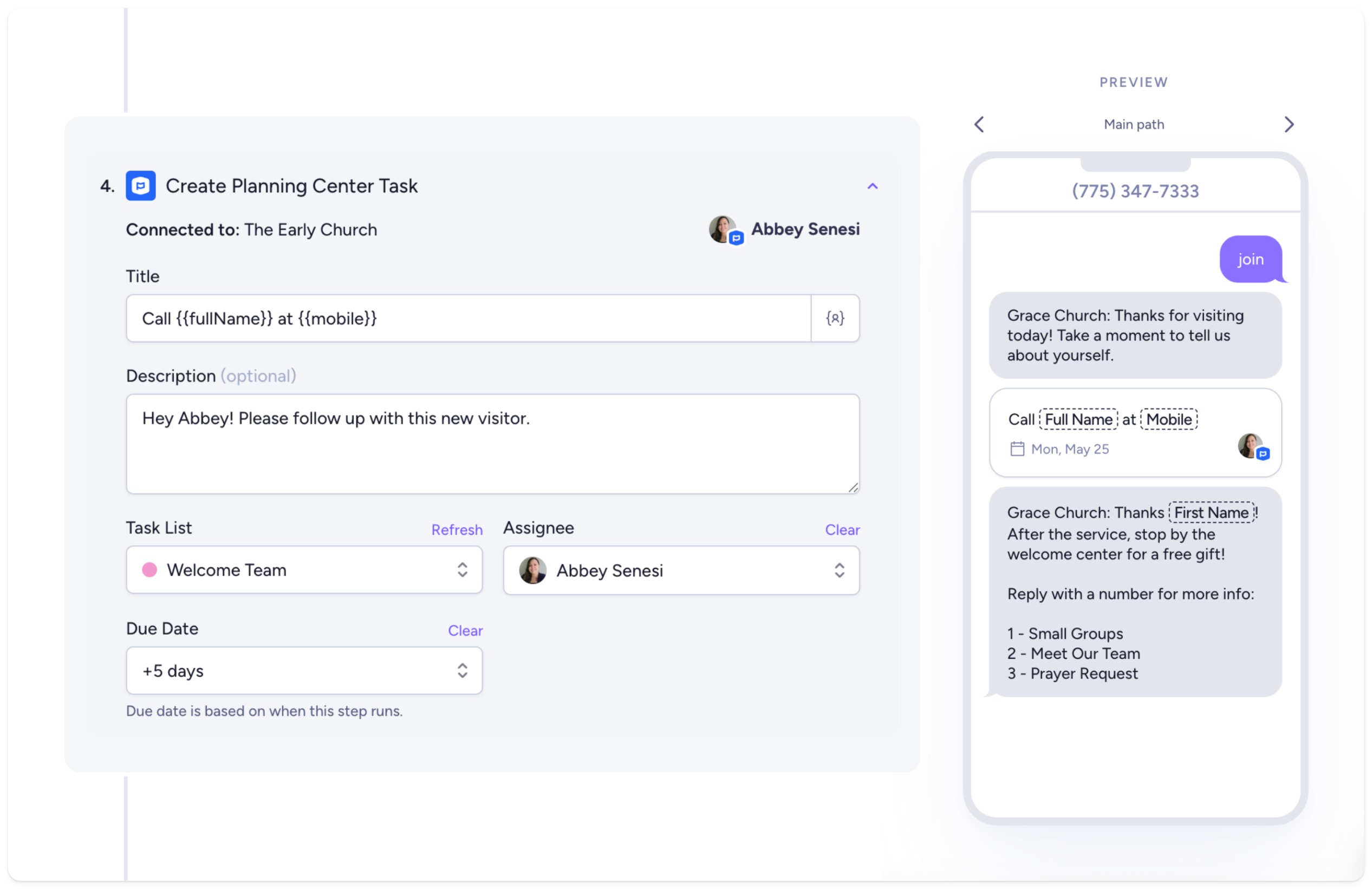 Create a new Planning Center Task when a visitor texts your Clearstream number