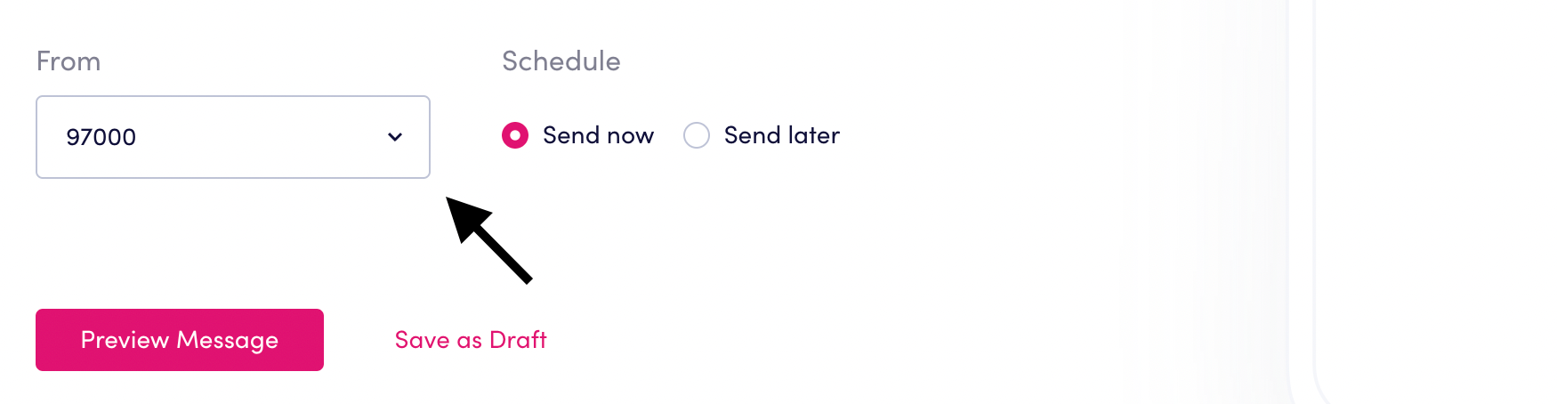 Platform view of message options: What number to send from, send now, or send later