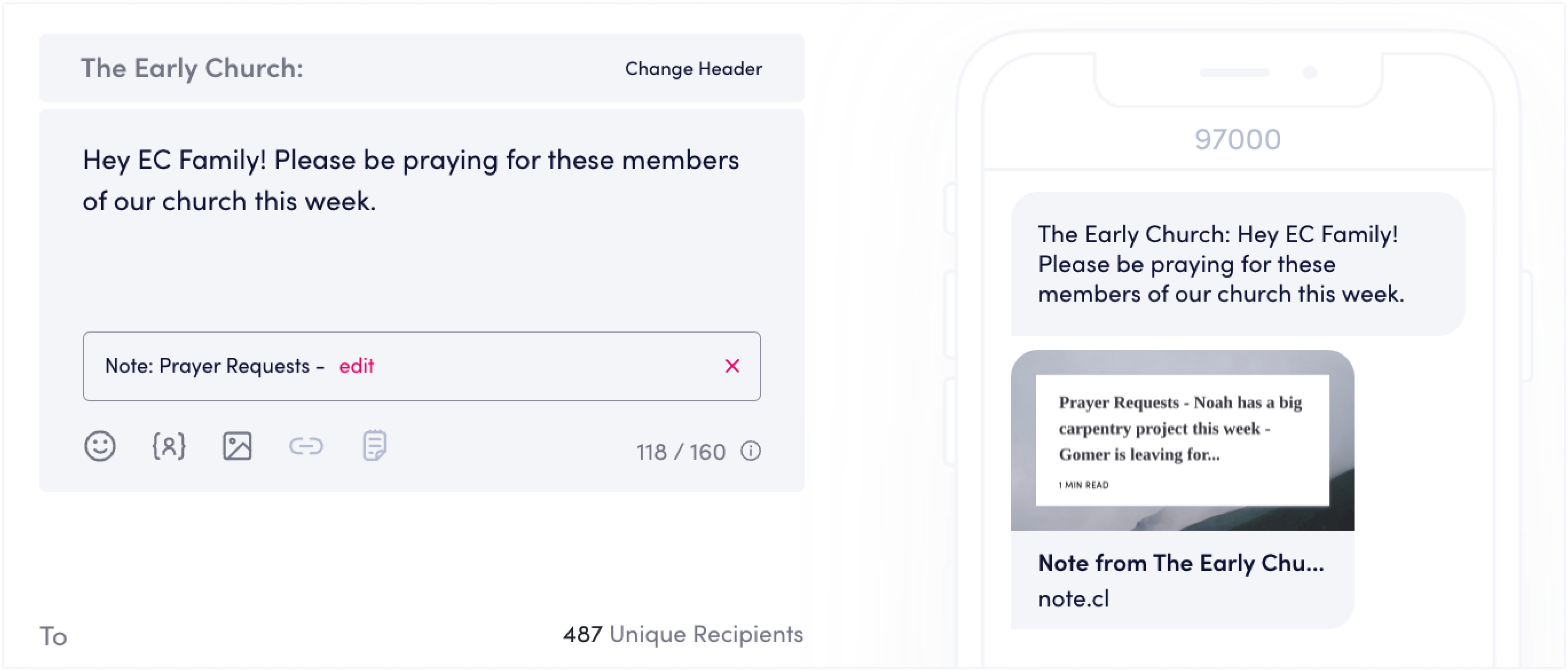 Platform view of creating a mass text with a note, and phone mock-up of receiving the message with the note