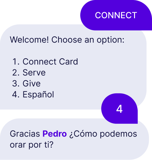 Someone texts the keyword "connect" and receives a text menu. They choose 4. Spanish and receive an auto-reply in Spanish