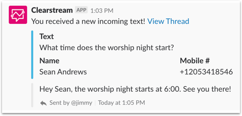 View of text thread inside of Slack
