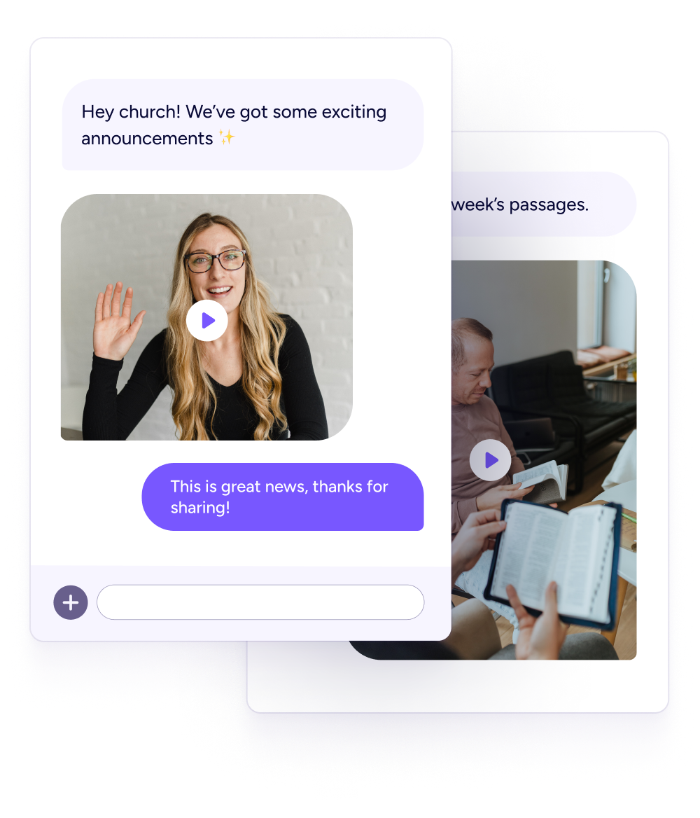 A mass text saying 'Hey church! We've got some exciting annoucements' with a video of a friendly, smiling young woman attached.