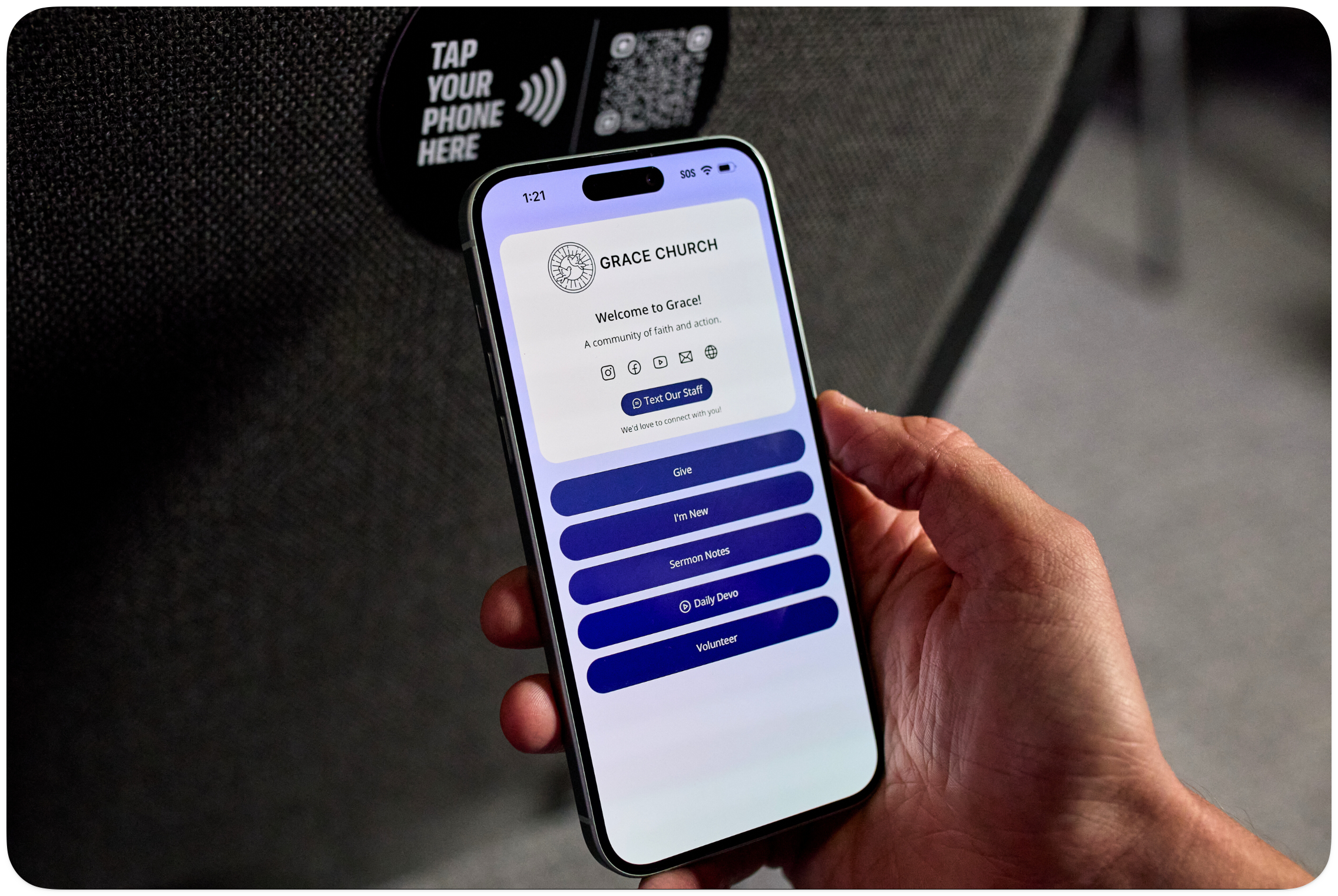 iPhone showing custom landing page after tapping a branded NFC tag