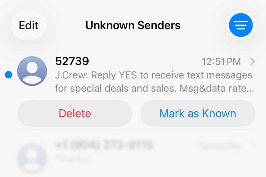 Screenshot of new Unknown Senders category in iOS 26 Message app