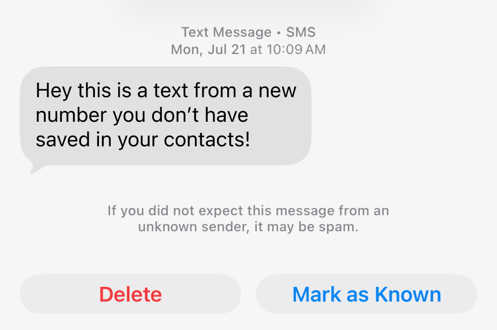 Screenshot of text message in iOS 26 showing a text that is from an unknown sender