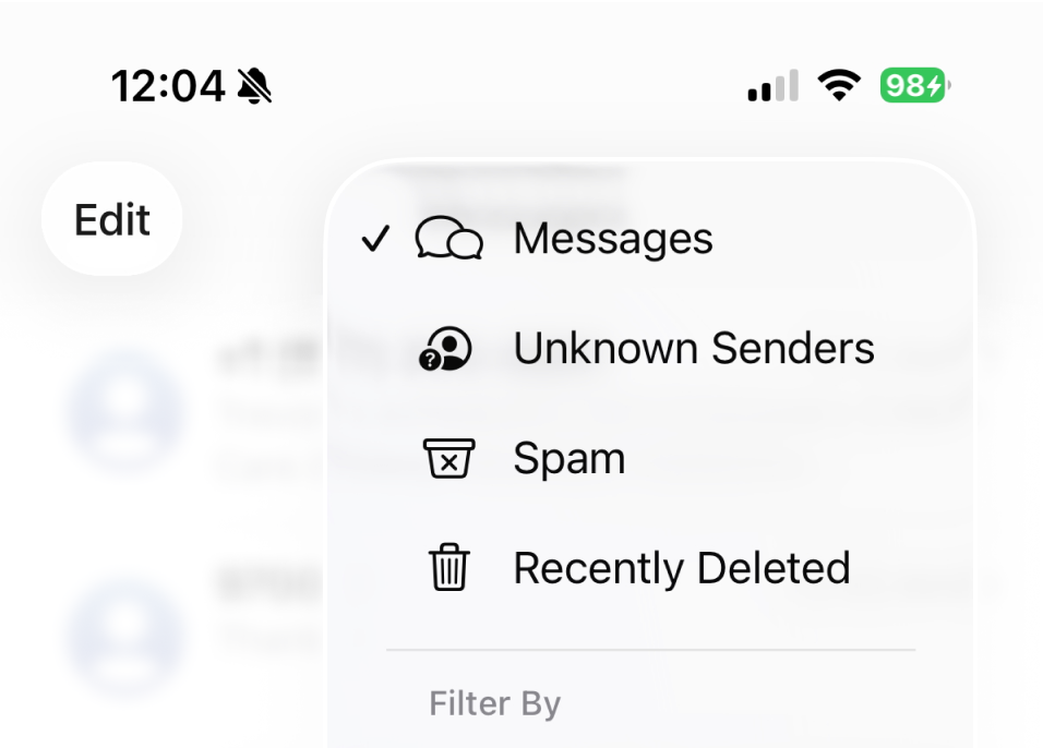 Dropdown menu in iOS 26 Message App showing Unknown Senders and Spam and Recently Deleted