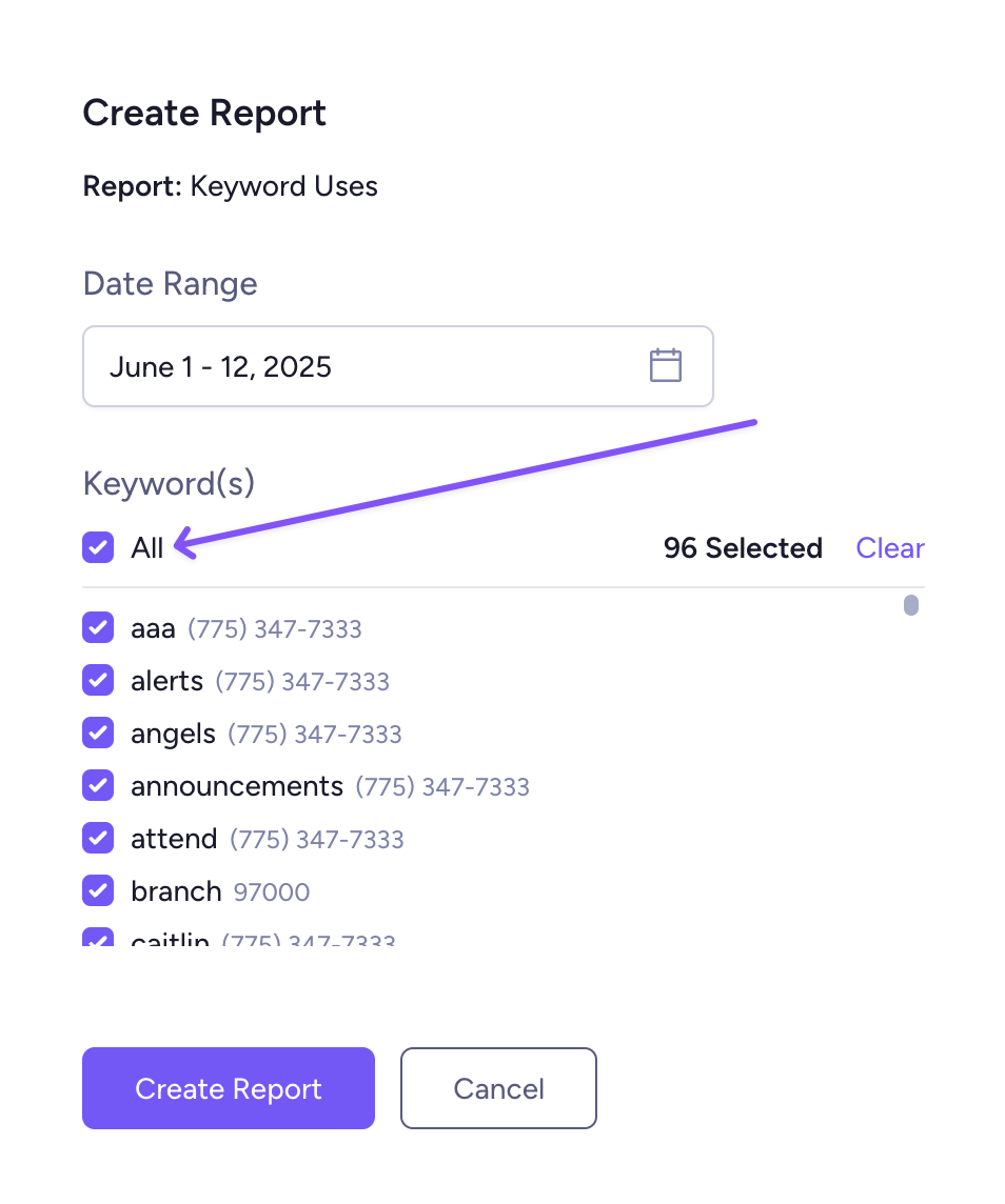 Select all keywords in Keyword Uses reports