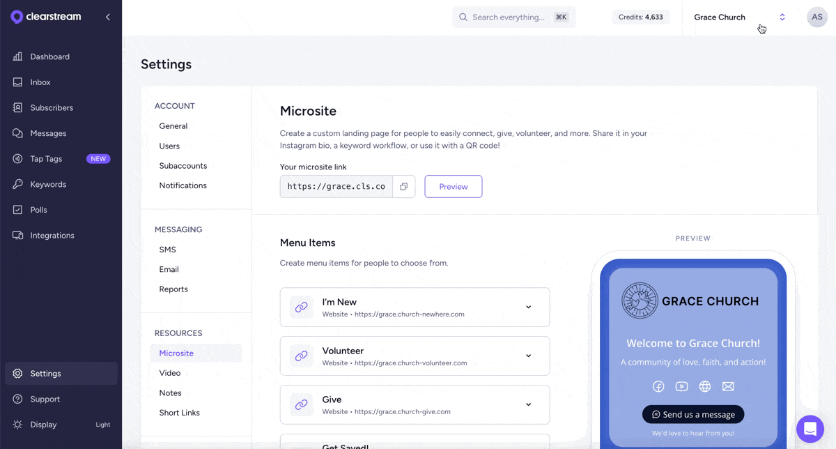 Subaccounts can now create their own microsite