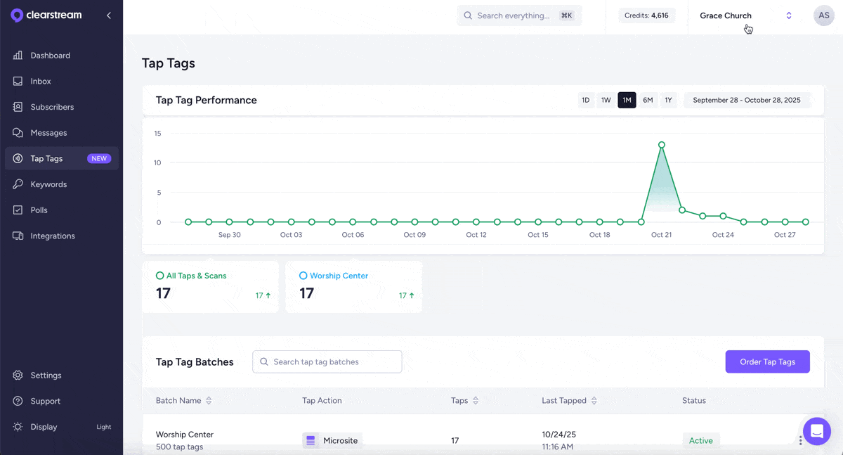 Order tap tags in a subaccount