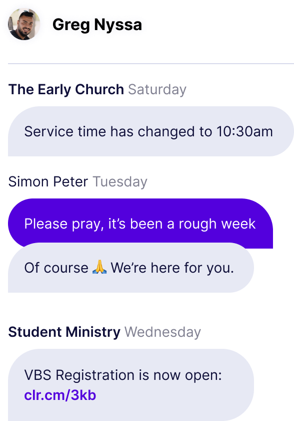 Clearstream responding to text thread conversation with Peter about service times, prayer, and VBS registration