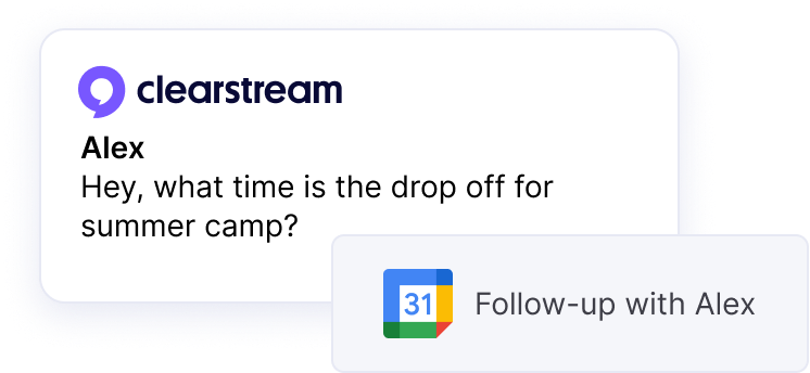 Alex texts in a question about camp times. Google calendar invite is auto-created instantly for follow-up remind