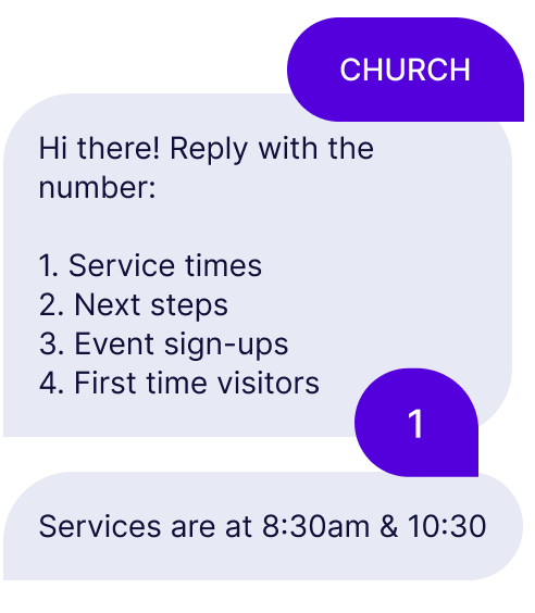 A text menu is triggered when the keyword "church" is used. The menu contains different options like service times, next steps, etc.