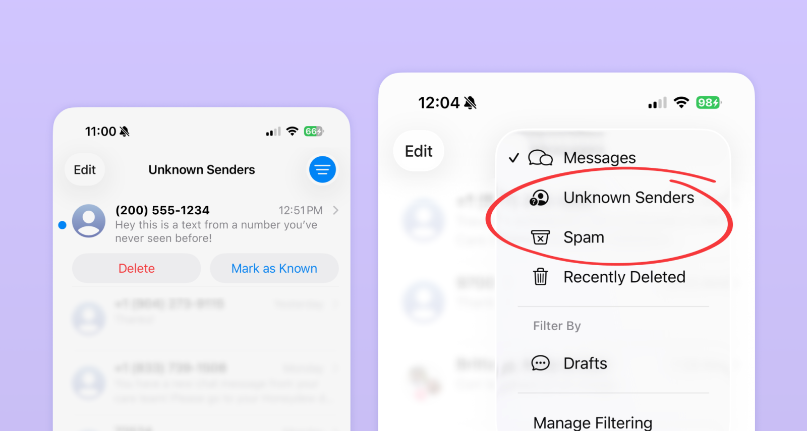 iOS 26 text message filtering screenshot showing Unknown Senders and Spam filters