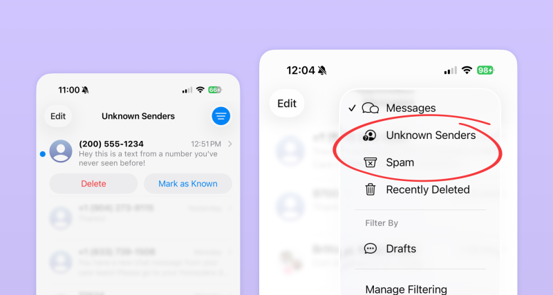 iOS 26 text message filtering screenshot showing Unknown Senders and Spam filters