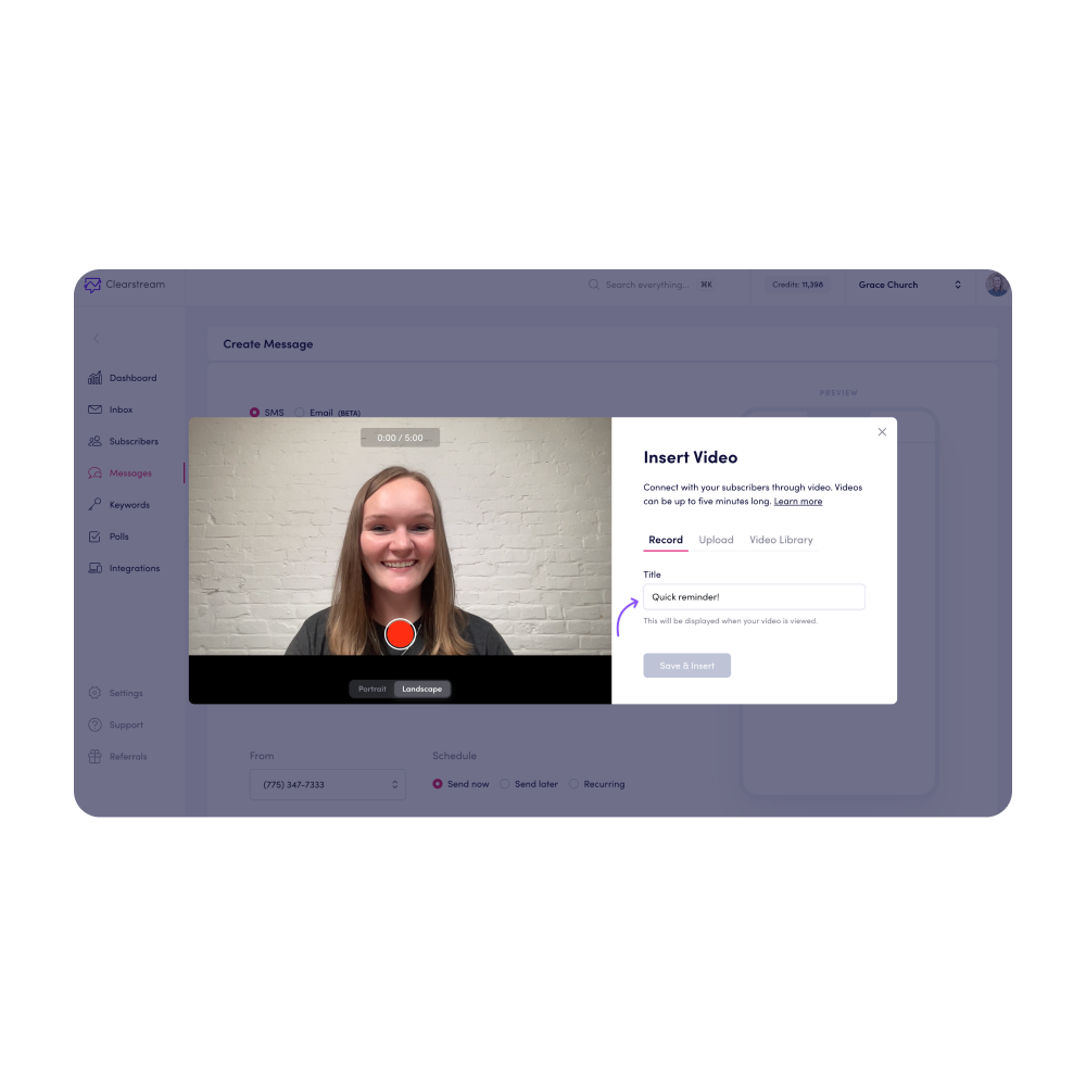 The 'Insert Video' modal, showing a smiling young woman. The video is titled 'Quick reminder!'